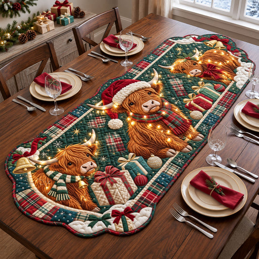 Christmas Highland Cow Custom Shape Quilted Table Runner GFTOPND2574