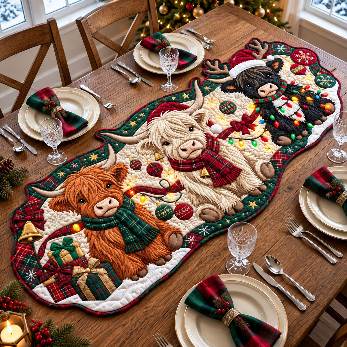 Christmas Highland Cow Custom Shape Quilted Table Runner GFTOPND2575