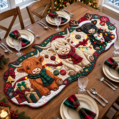 Christmas Highland Cow Custom Shape Quilted Table Runner GFTOPND2575