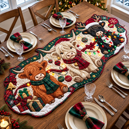 Christmas Highland Cow Custom Shape Quilted Table Runner GFTOPND2575