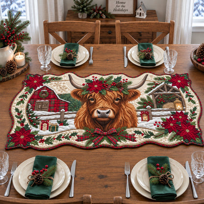 Highland Cow Poinsettia Custom Shape Quilted Table Runner GFTOPND2577