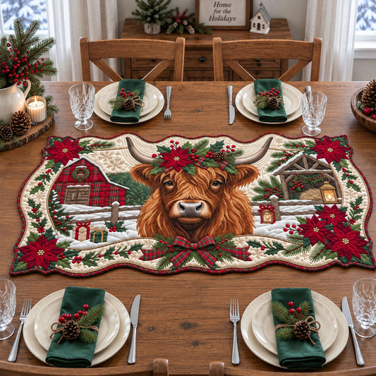Highland Cow Poinsettia Custom Shape Quilted Table Runner GFTOPND2577