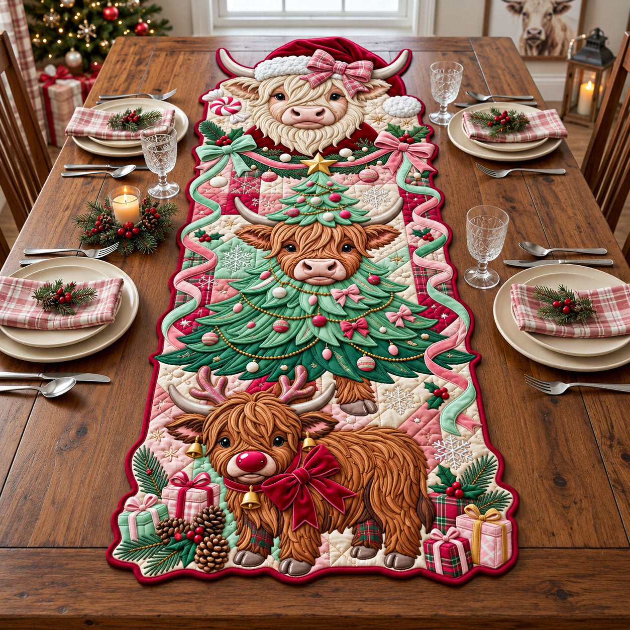 Coquette Highland Cow Custom Shape Quilted Table Runner GFTOPND2579