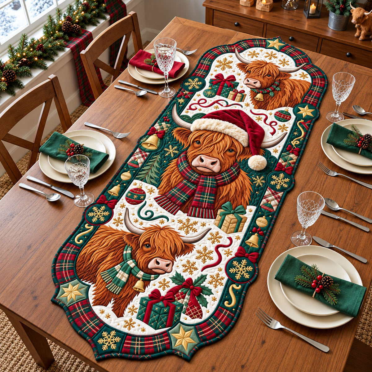 Christmas Highland Cow Custom Shape Quilted Table Runner GFTOPND2580