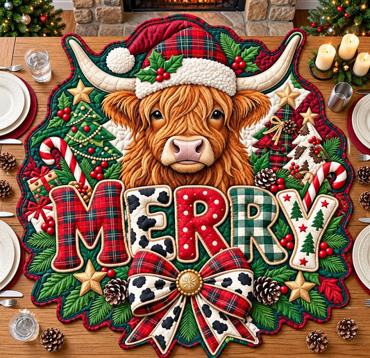 Merry Christmas Cow Custom Shape Quilted Table Topper GFTOPND2581