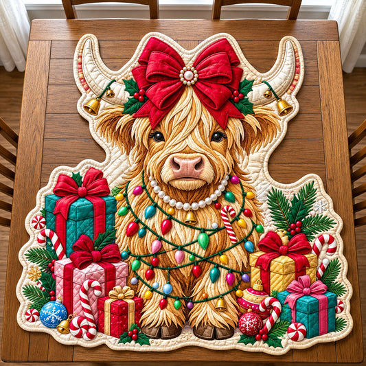 Pink Highland Cow Custom Shape Quilted Table Topper GFTOPND2582