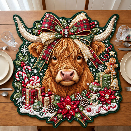 Jeweled Highland Cow Custom Shape Quilted Table Topper GFTOPND2584