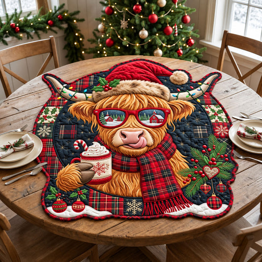 Cheers Highland Cow Custom Shape Quilted Table Topper GFTOPND2586