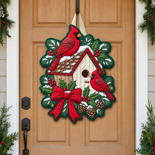 Snowy Cardinal Birdhouse Custom Shape Quilted Door Hanger GFTOPND2590