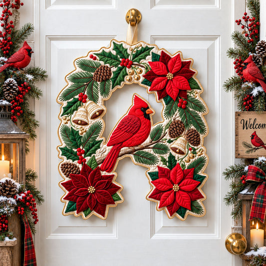 Cardinal Poinsettia Custom Shape Quilted Door Hanger GFTOPND2593
