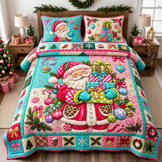 Pink Leopard Santa 3-Piece Quilted Bedding Set GFTOPND2595