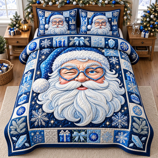 Glitter Blue Santa 3-Piece Quilted Bedding Set GFTOPND2597