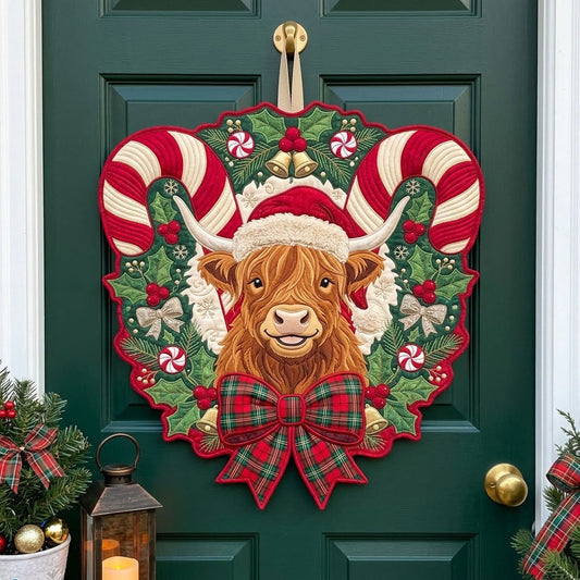 Highland Cow Candy Cane Custom Shape Quilted Door Hanger GFTOPND2659