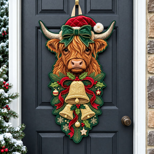 Highland Cow Christmas Bell Custom Shape Quilted Door Hanger GFTOPND2660