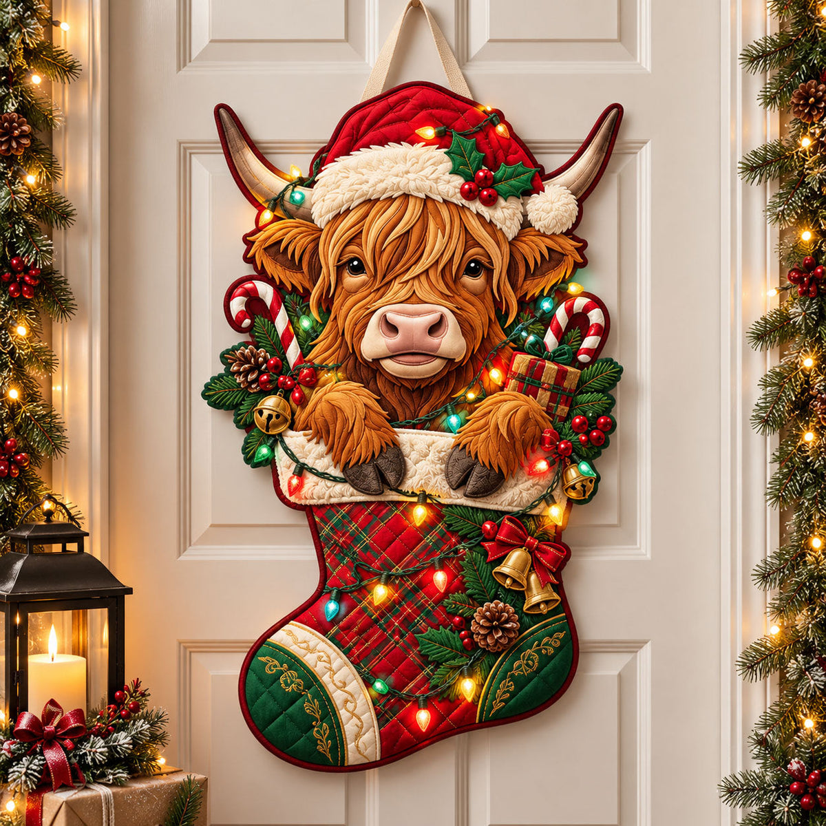 Highland Cow Christmas Stocking Custom Shape Quilted Door Hanger GFTOPND2663