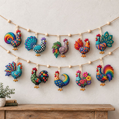Funky Rainbow Rooster Custom Shape Quilted Garland GFTOPND2709