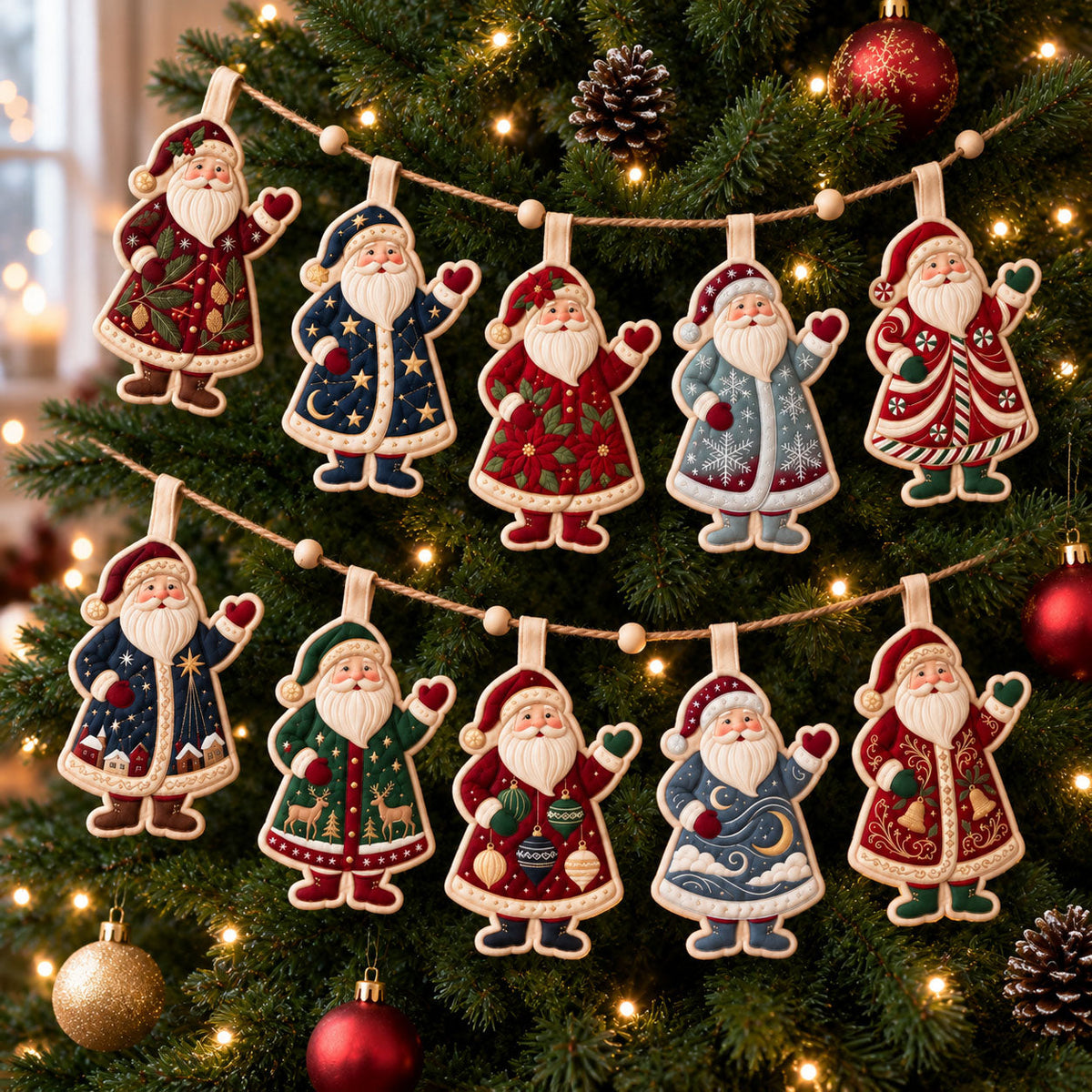 Colorful Santa Custom Shape Quilted Garland GFTOPND2804