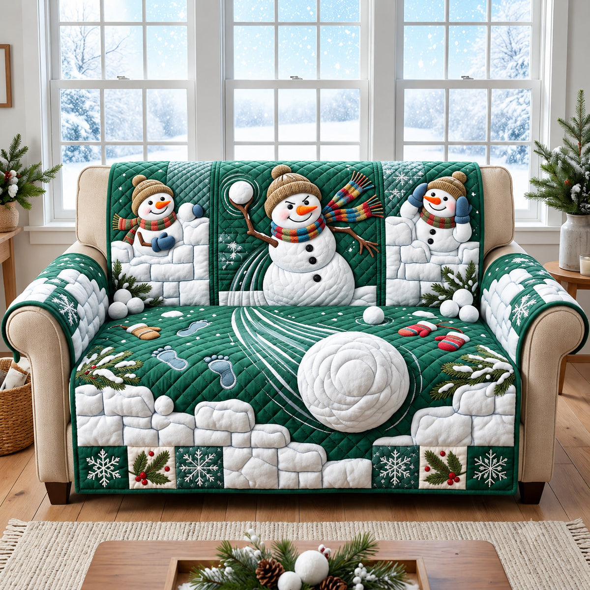 Snowman Snowball Fight Quilted Sofa Cover GFTOPND3060