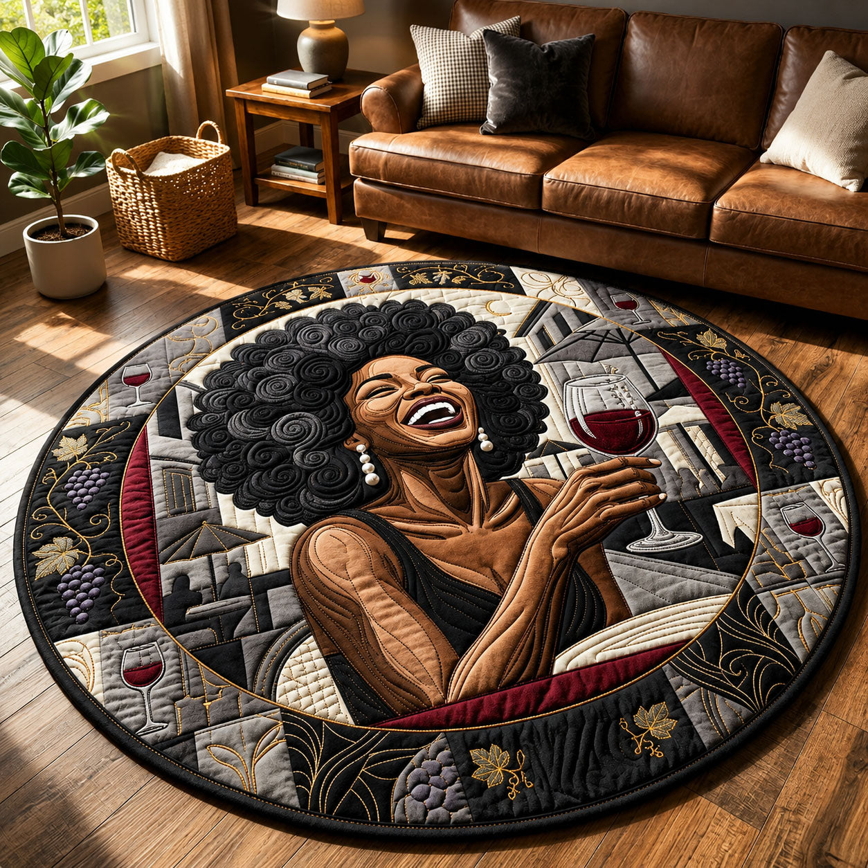 Melanin Queen With Wine Quilted Round Mat GFTOPND325