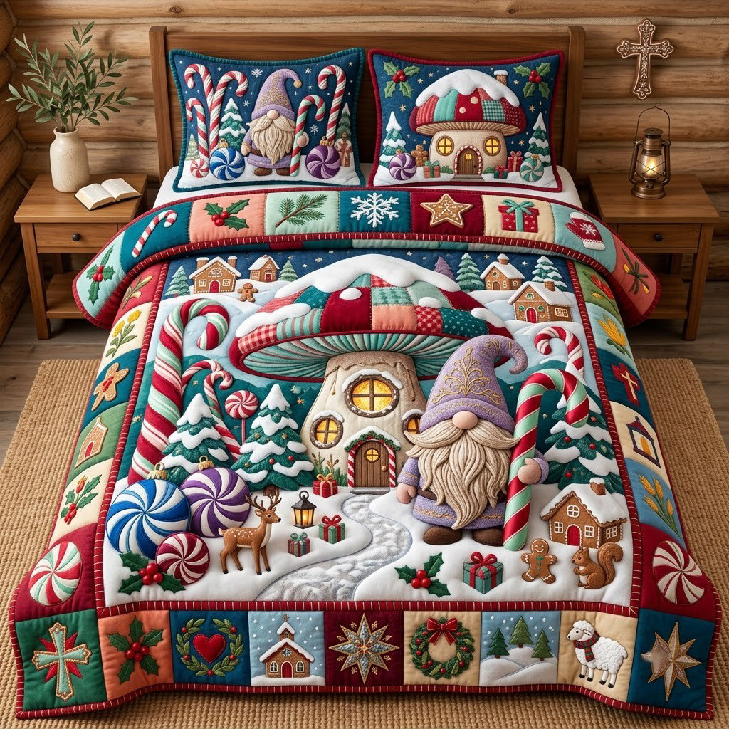 Gnome Candy Mushroom House 3-Piece Quilted Bedding Set GFTOPND3310