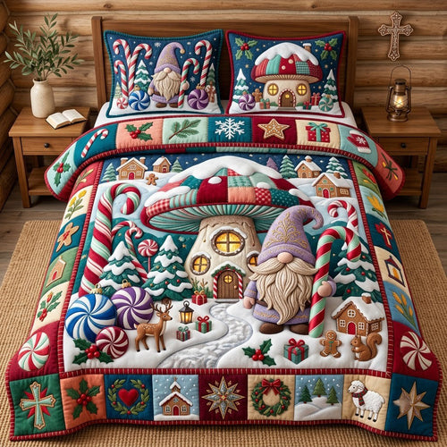 Gnome Candy Mushroom House 3-Piece Quilted Bedding Set GFTOPND3310
