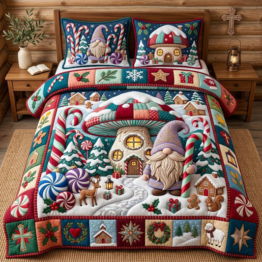 Gnome Candy Mushroom House 3-Piece Quilted Bedding Set GFTOPND3310
