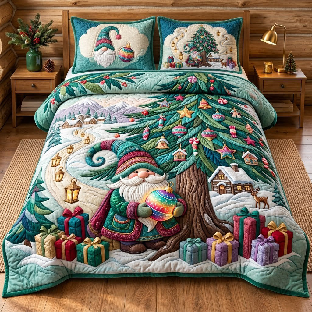 Gnome Beneath Christmas Tree 3-Piece Quilted Bedding Set GFTOPND3311