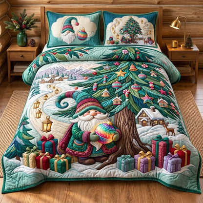 Gnome Beneath Christmas Tree 3-Piece Quilted Bedding Set GFTOPND3311