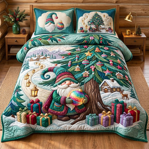 Gnome Beneath Christmas Tree 3-Piece Quilted Bedding Set GFTOPND3311