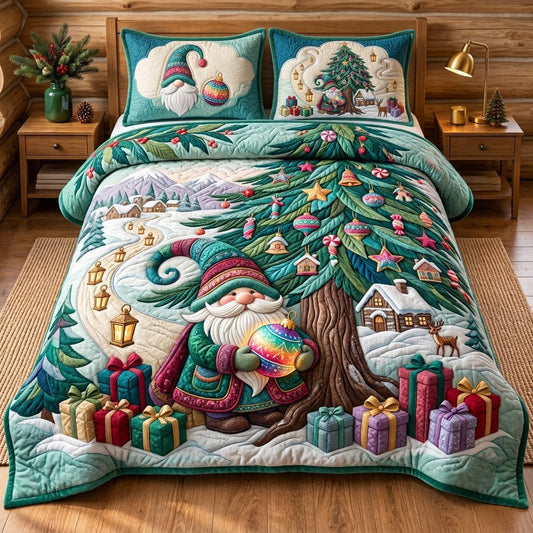 Gnome Beneath Christmas Tree 3-Piece Quilted Bedding Set GFTOPND3311