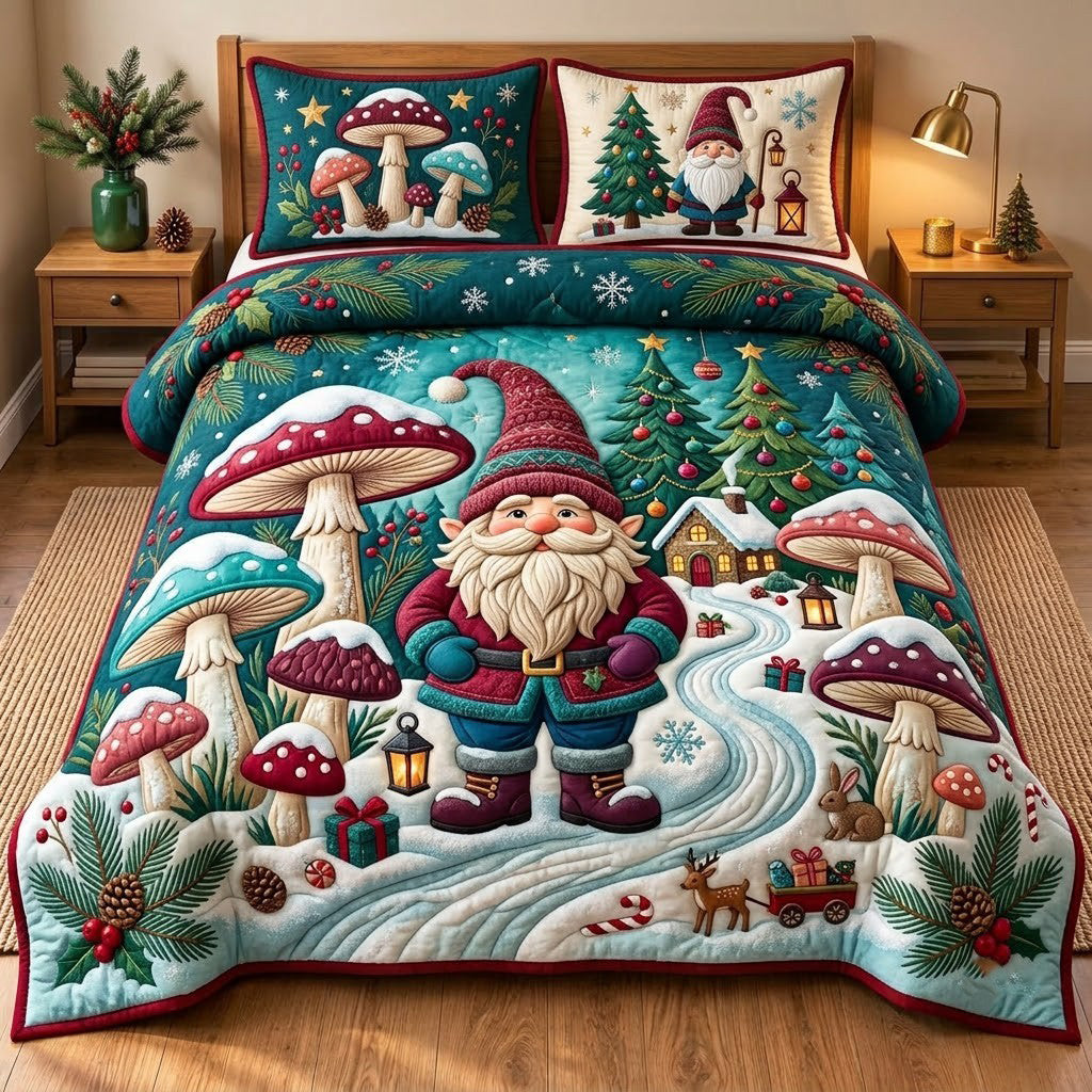 Gnome Mushroom Christmas 3-Piece Quilted Bedding Set GFTOPND3312