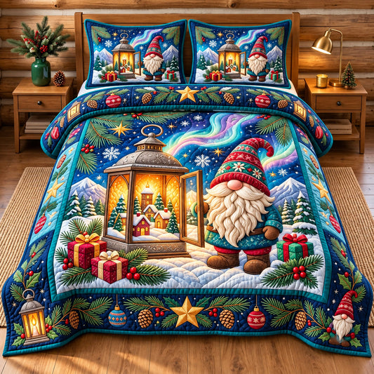 Gnome Christmas Lantern World 3-Piece Quilted Bedding Set GFTOPND3313