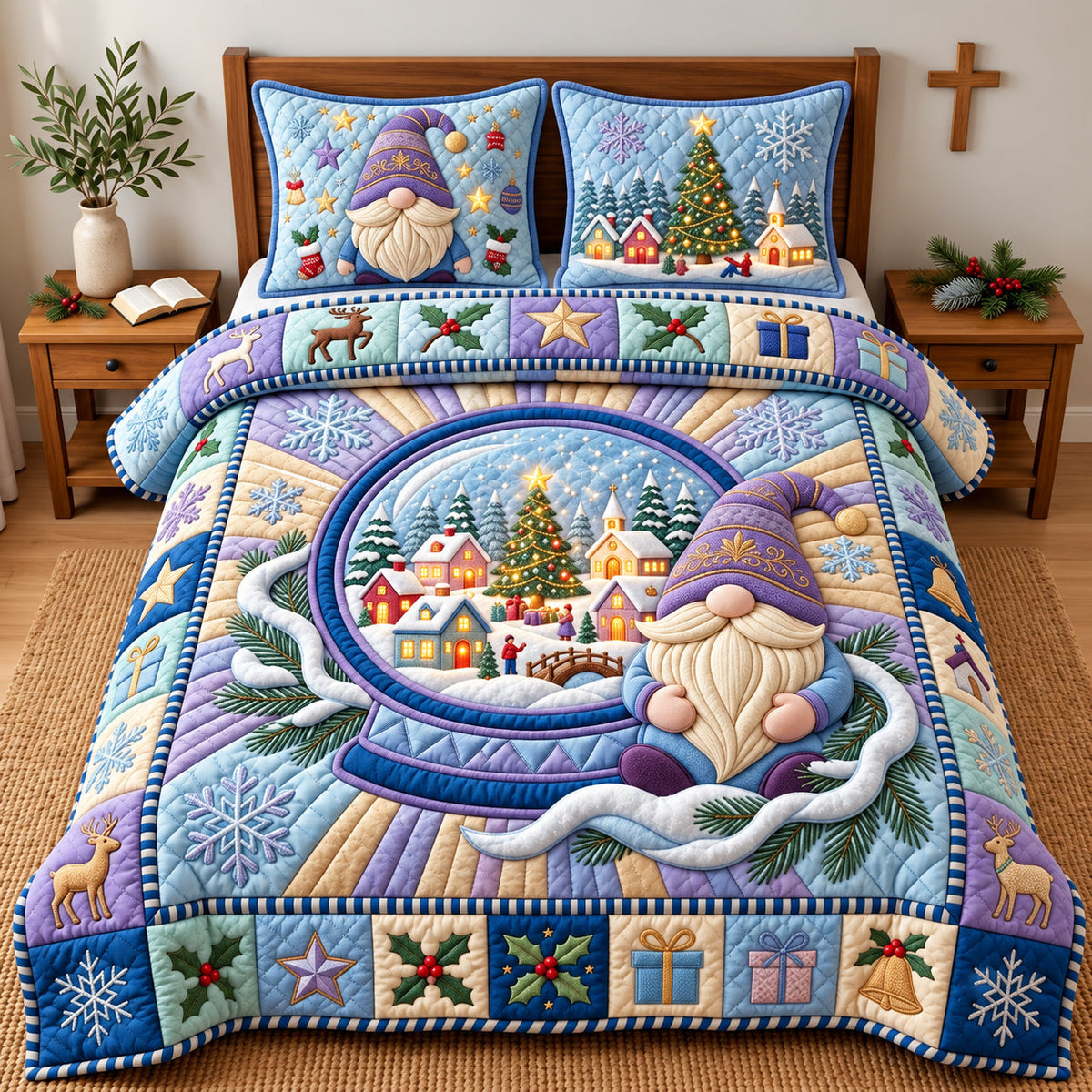 Gnome Snow Globe 3-Piece Quilted Bedding Set GFTOPND3314