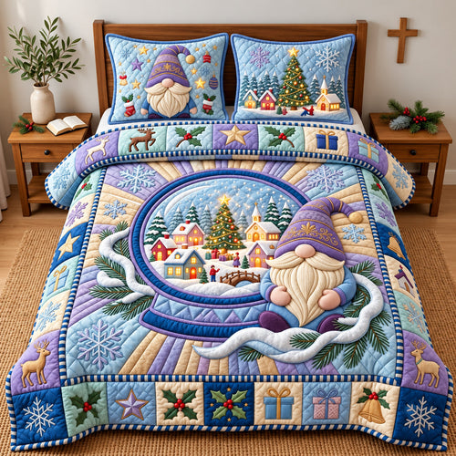 Gnome Snow Globe 3-Piece Quilted Bedding Set GFTOPND3314