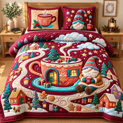 Gnome Christmas Teacup 3-Piece Quilted Bedding Set GFTOPND3315