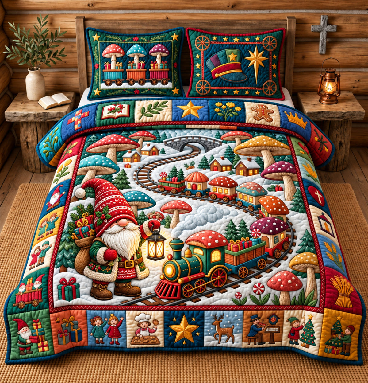 Gnome Christmas Mushroom Train 3-Piece Quilted Bedding Set GFTOPND3316
