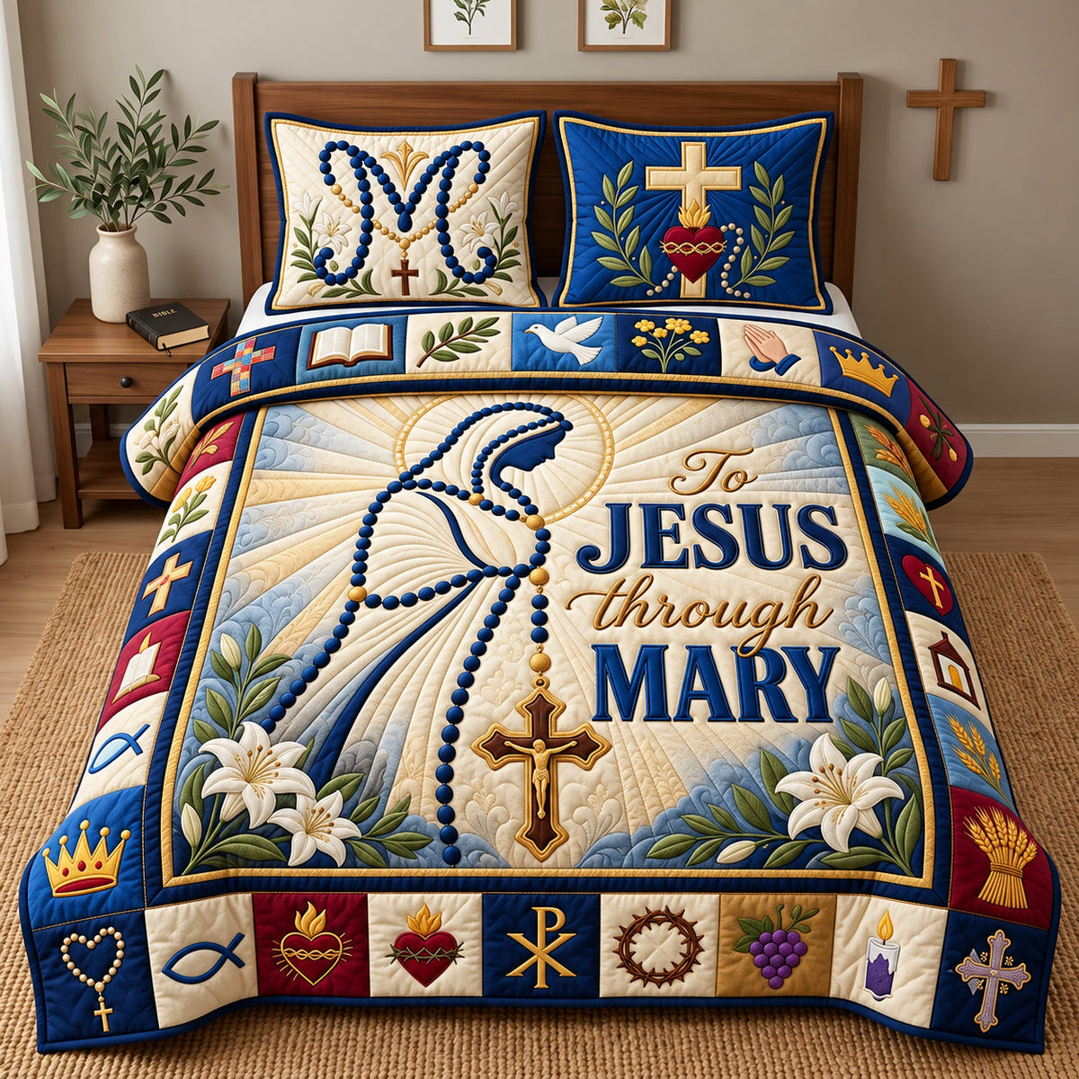 To Jesus Through Mary 3-Piece Quilted Bedding Set GFTOPND3365