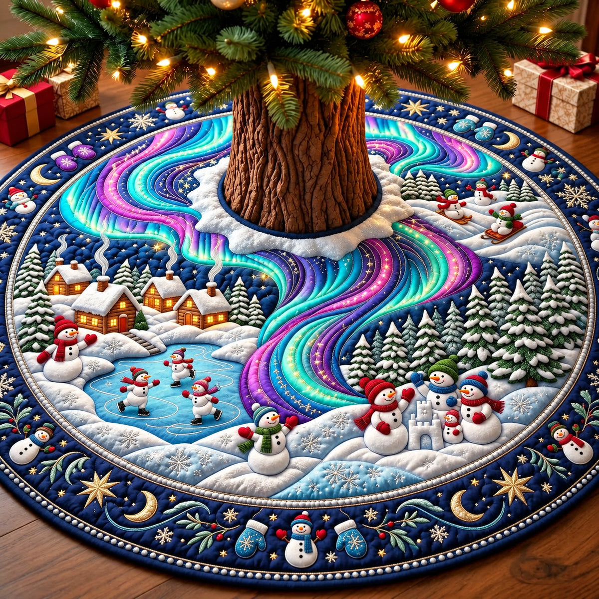 Snowman Northern Lights Wonderland Quilted Tree Skirt GFTOPND3372