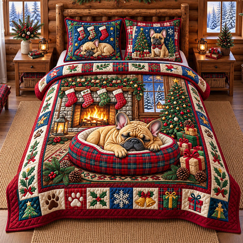 Bulldog Christmas 3-Piece Quilted Bedding Set GFTOPND3469