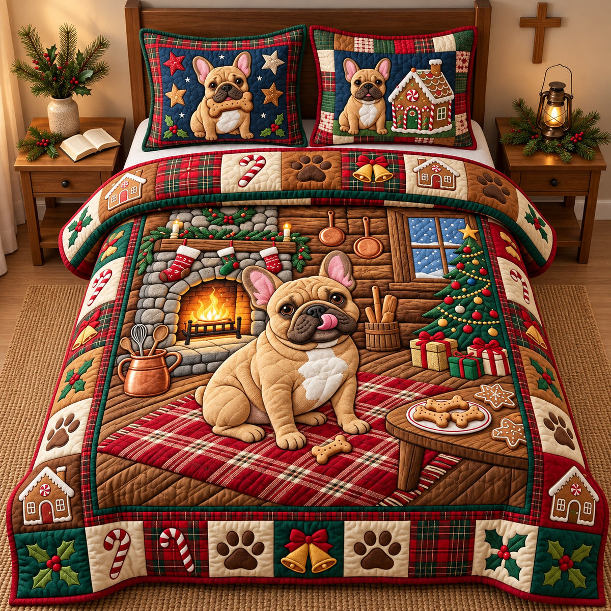Holiday Bulldog 3-Piece Quilted Bedding Set GFTOPND3470