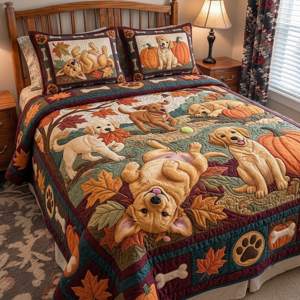 Golden Autumn Puppy Parade 3-Piece Quilted Bedding Set GFTOPND3977