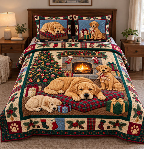 Golden Christmas Snuggle 3-Piece Quilted Bedding Set GFTOPND3981
