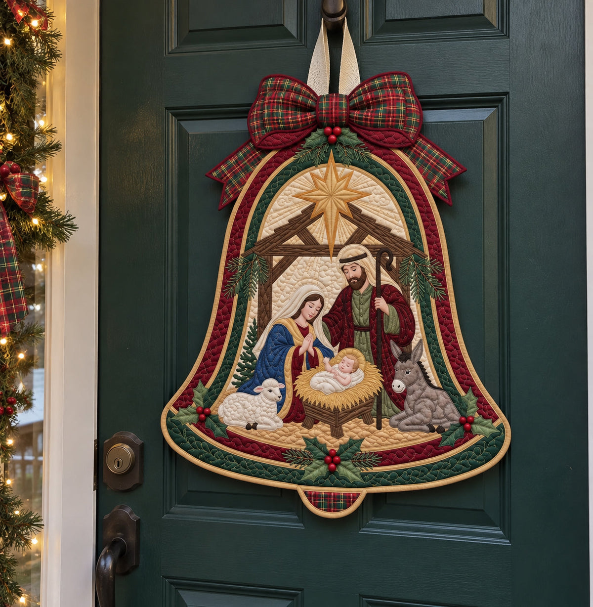 Christmas Bell Nativity Custom Shape Quilted Door Hanger GFTOPND4015