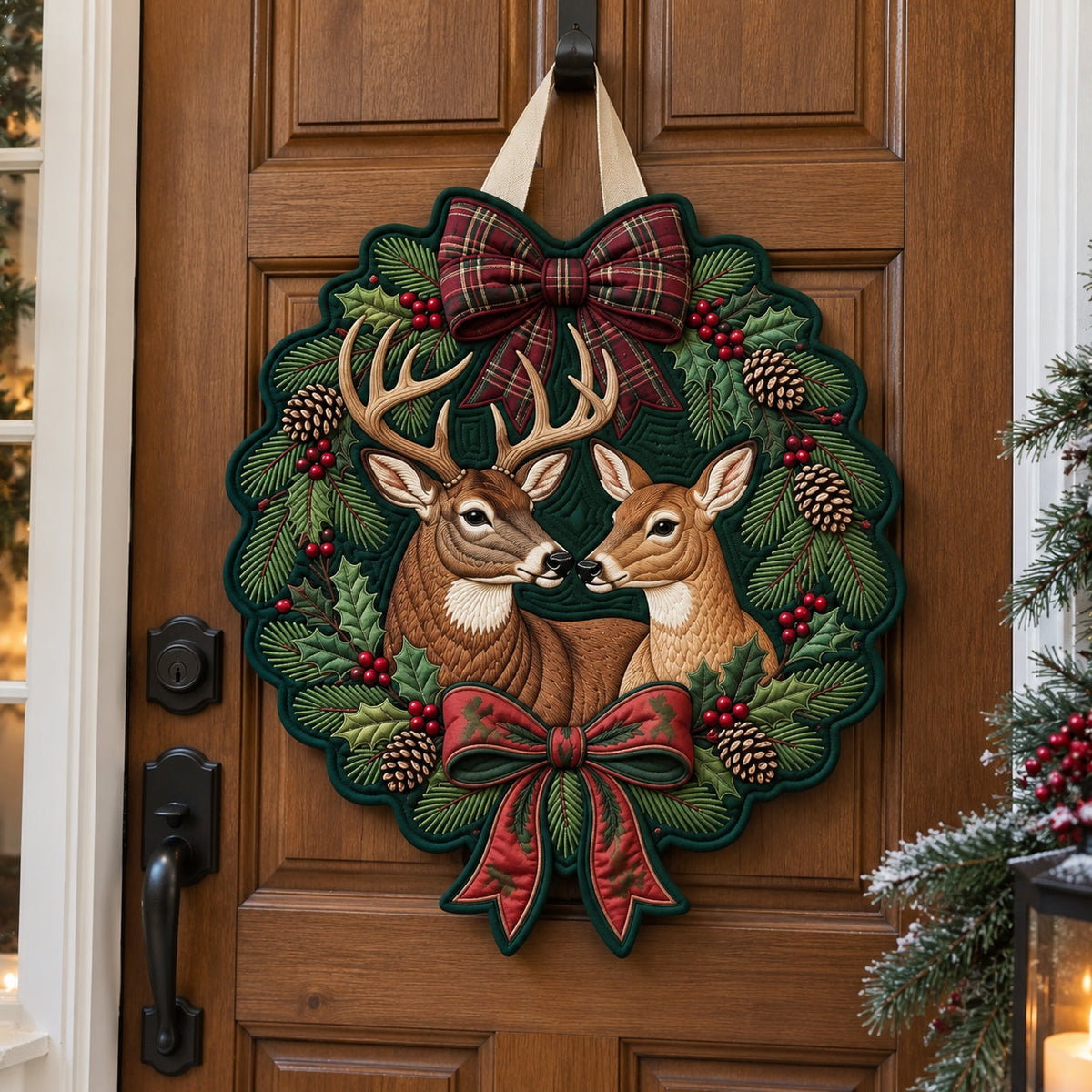 Deer Love Christmas Wreath Custom Shape Quilted Door Hanger GFTOPND4020