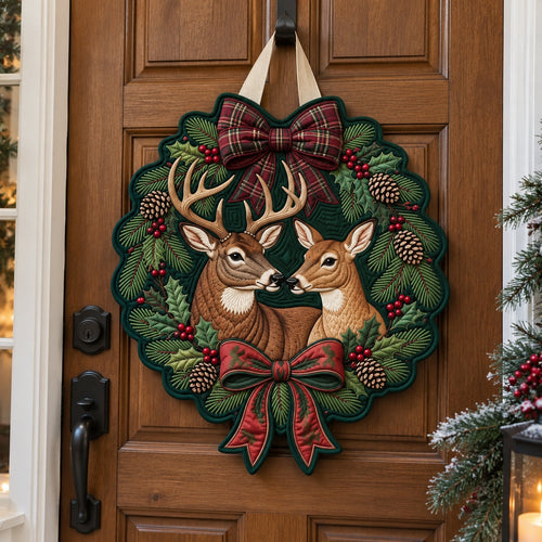 Deer Love Christmas Wreath Custom Shape Quilted Door Hanger GFTOPND4020