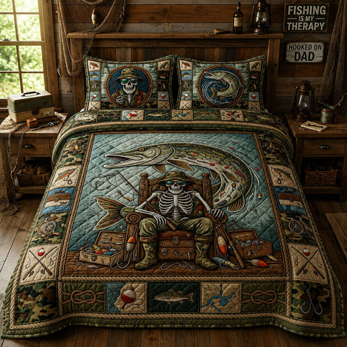 Fishing Skeleton 3-Piece Quilted Bedding Set GFTOPND736