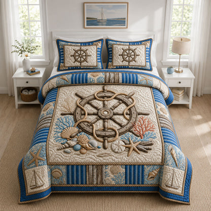 Ship Wheel Coastal 3-Piece Quilted Bedding Set GFTOPND828
