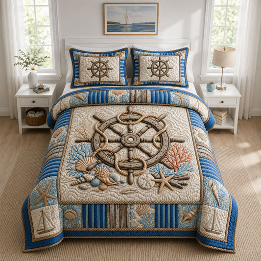 Ship Wheel Coastal 3-Piece Quilted Bedding Set GFTOPND828