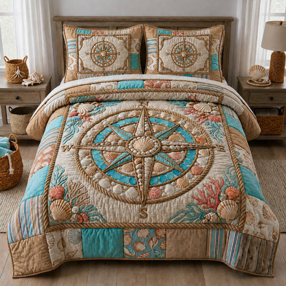 Pearl Seashell Compass 3-Piece Quilted Bedding Set GFTOPND829