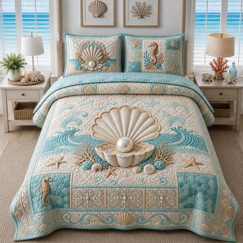 Pearl Seashell Ocean 3-Piece Quilted Bedding Set GFTOPND836